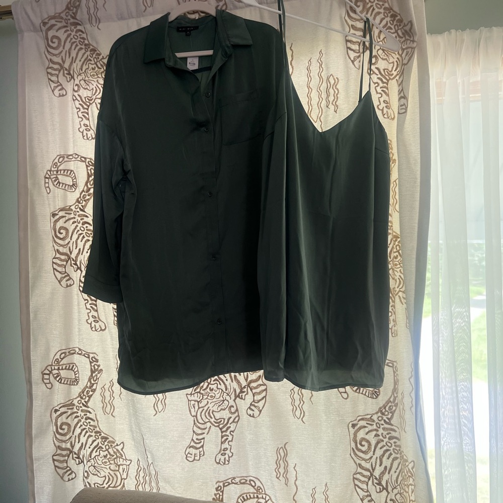 Satin slip dress and button up set. Green is a little lighter in person.